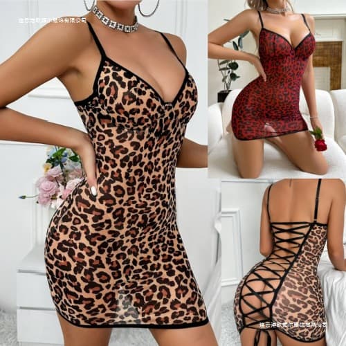 New Cross-Border Europe and America Leopard Print Sexy Lingerie Sleepwear Backless Steel Ring Spaghetti Strap Dress Plus Size Women