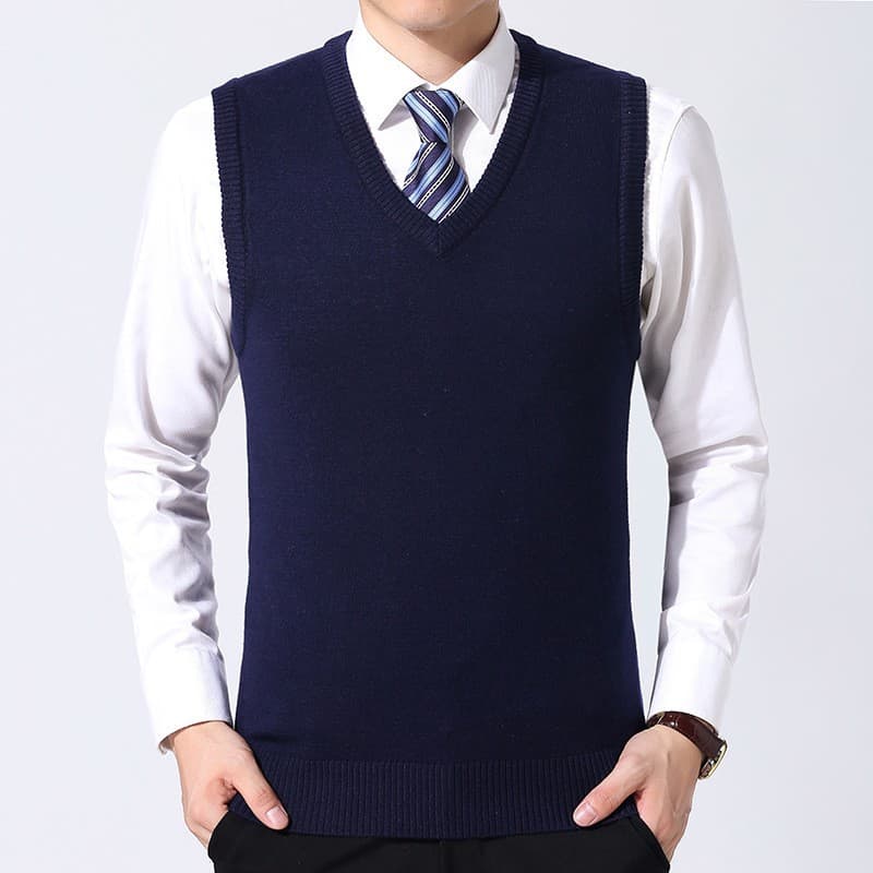 Men's Solid Color Wool Vest Autumn Winter Basic V-Neck Knitted Vest Middle-Aged and Elderly Casual Wool Waistcoat Dad Shirt