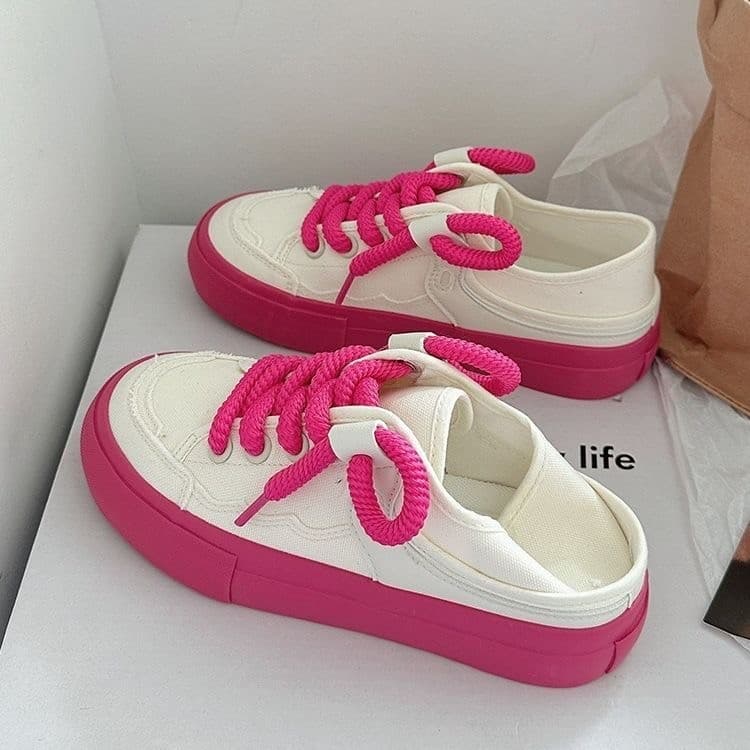 2026 Spring and Summer New Style Breathable Canvas Shoes for Female Students, Rose Red Two-Way Wear Slip-On White Shoes, Low-Top Women's Shoes