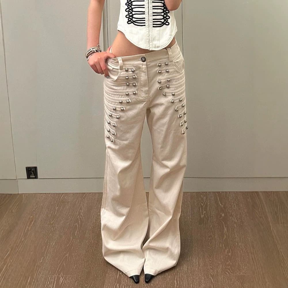 European and American cross-border y2k metal buckle design jeans street retro hot girl straight wide leg pants loose trousers