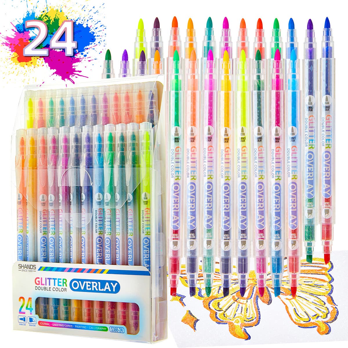 24-Color Overlapping Glitter Marker Pen Dual-Tip Dual-Color Glitter Fluorescent Highlighter Student High-Value Gift