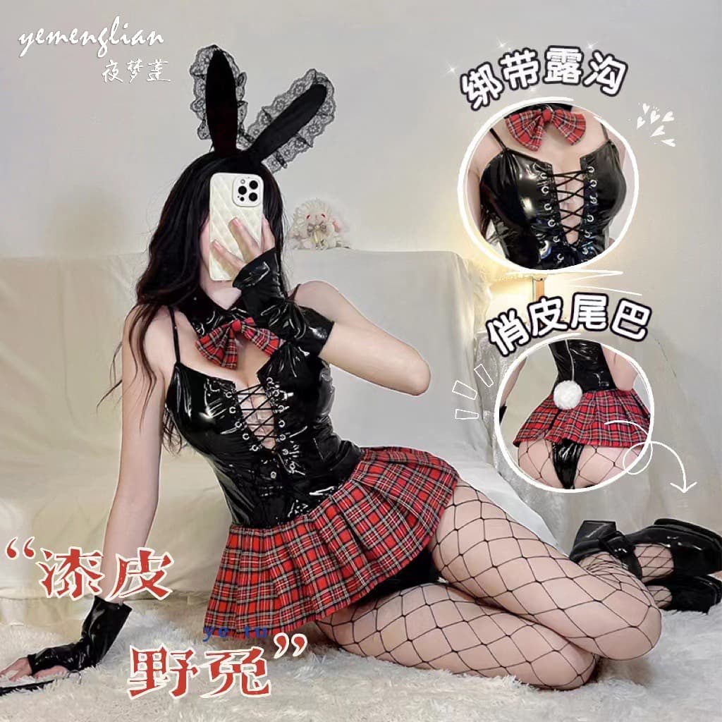 Sexy Lingerie Suspender Red Plaid Skirt Rabbit Costume Temptation Bondage Student Uniform Leather
