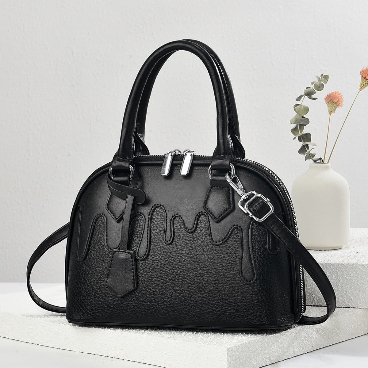 New Macaron Fashion Handbag Cream Spliced Lychee Pattern Shoulder Bag High Aesthetic Large Capacity Cross-Border Women's Bag