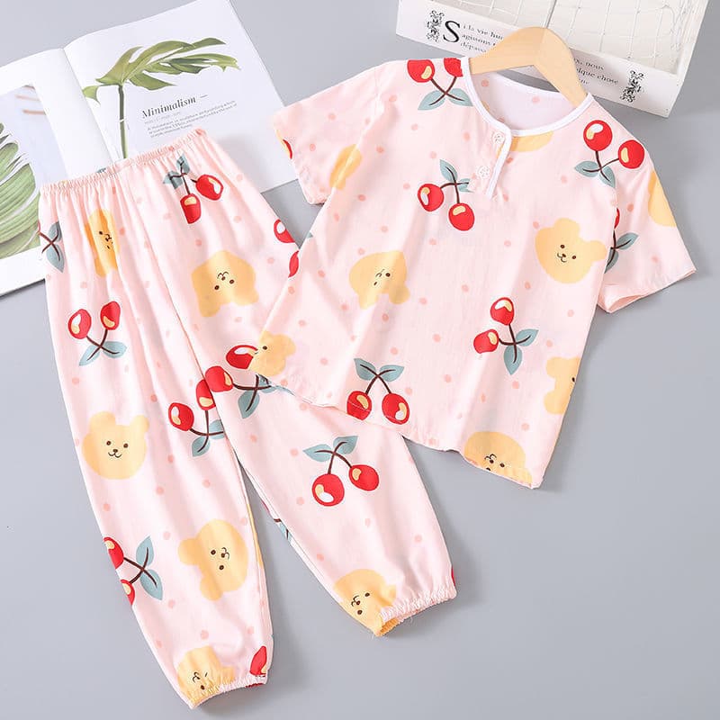 Summer Cotton Kids Pajamas Short Sleeve Thin Boys Girls Homewear Baby Cotton Cute Air Conditioning Outfit