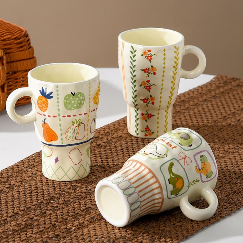 Handcrafted Ceramic Mug High Appearance Artistic Stemmed Cup Trendy Illustrated Cup Large Office Water Cup for Women