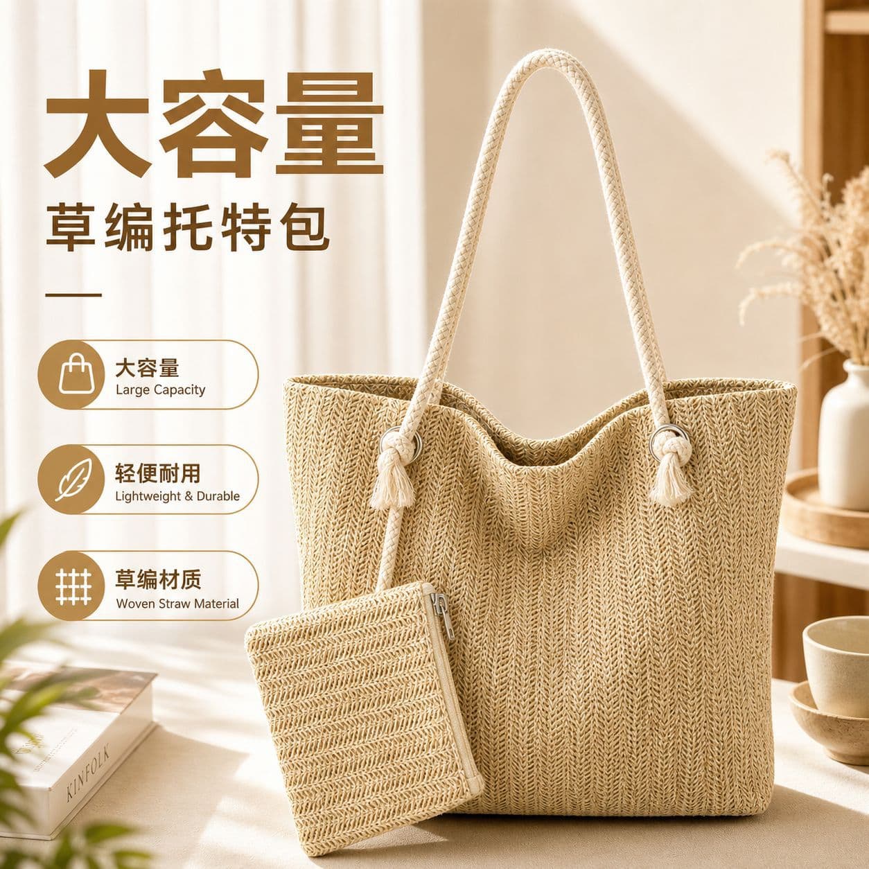 Casual Large Capacity Straw Woven Mother Daughter Tote Bag Women's Fashion Crossbody Bag Underarm Bag Trendy Shoulder Bag