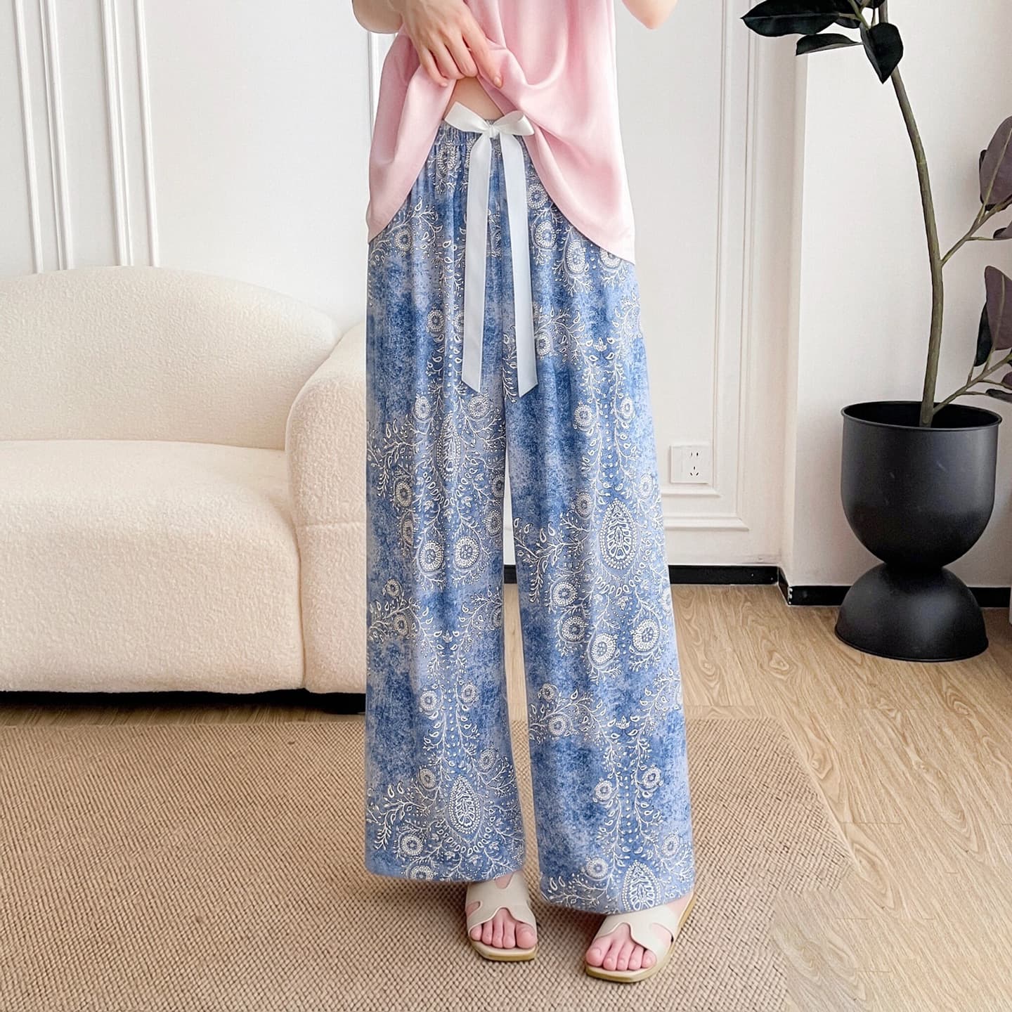 Cotton Silk Wide Leg Pants Rayon Sleep Pants Walking Pants Loose Casual Wearable Outside Plus Size 60s Women's Thin Long Pants