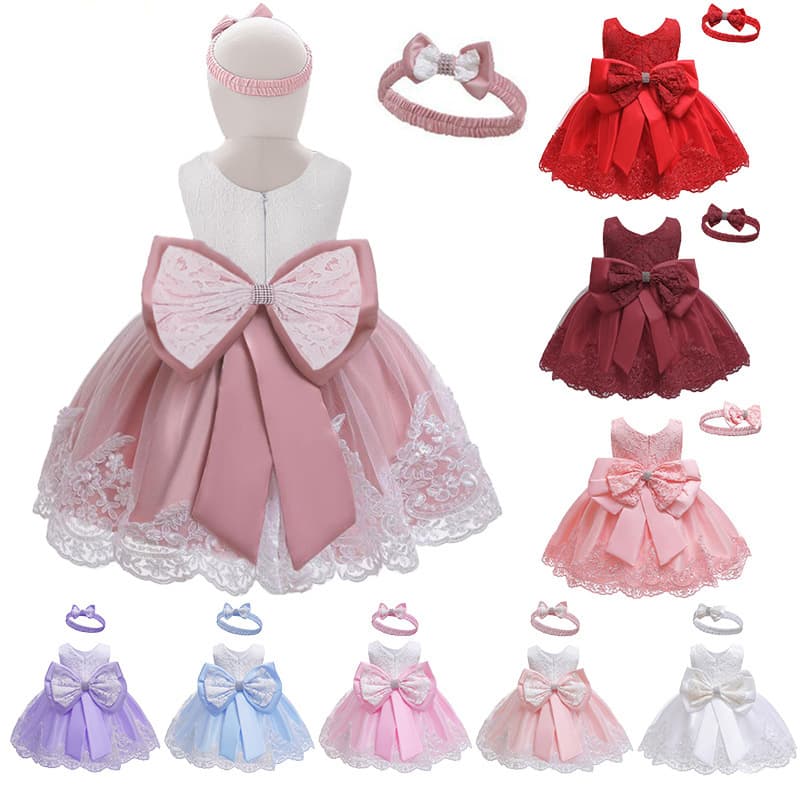 New Children's Formal Dress Lace Color-Block Baby First Birthday Dress Bow Princess Evening Dress Wholesale