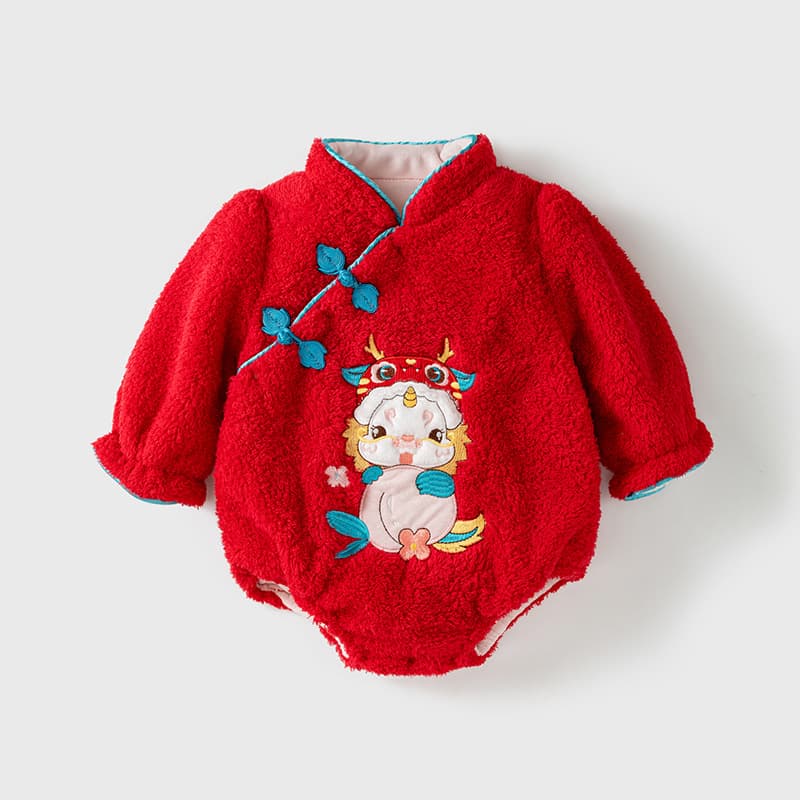 Baby Chinese New Year Outfit Autumn Winter Bodysuit for Girls, Newborn 100 Days One-Year-Old Romper with Fleece Lining, Going Out Clothes