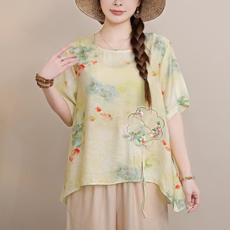 2026 Summer New Chinese-style V-neck Wrap Button Loose Plus Size Top T-Shirt Women Zen Tea Dress