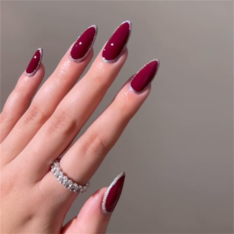 Wear Nails Cherry Red Glitter Pink Edge Nail Art Pieces Hot Selling European and American Pure Desire False Nails 24 Pieces Xiaohongshu Hot Sale