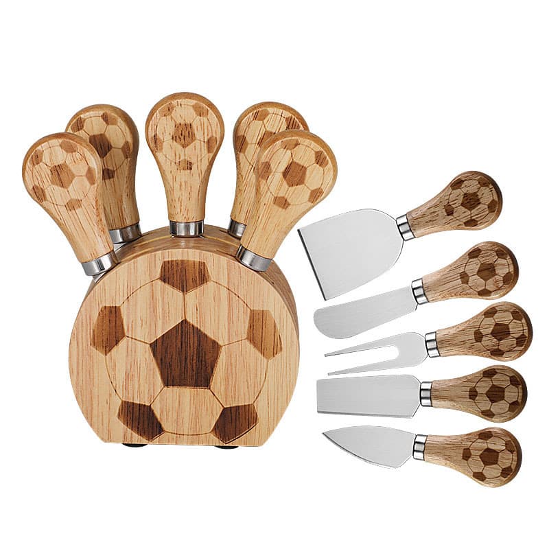 2026 World Cup Cheese Knife Storage Rack Kitchen Cutlery Cheese Knife Set Rubber Wood Soccer Series Knife Holder