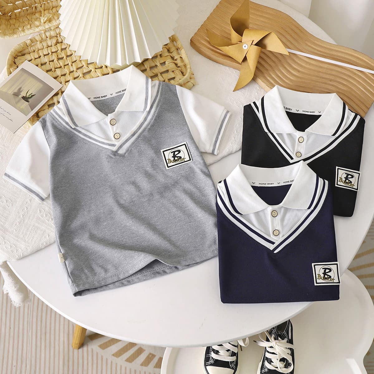 Summer Korean-style academic children's POLO shirt, two-piece illusion short-sleeve T-shirt with collar, medium and large boys' and girls' half-sleeve top
