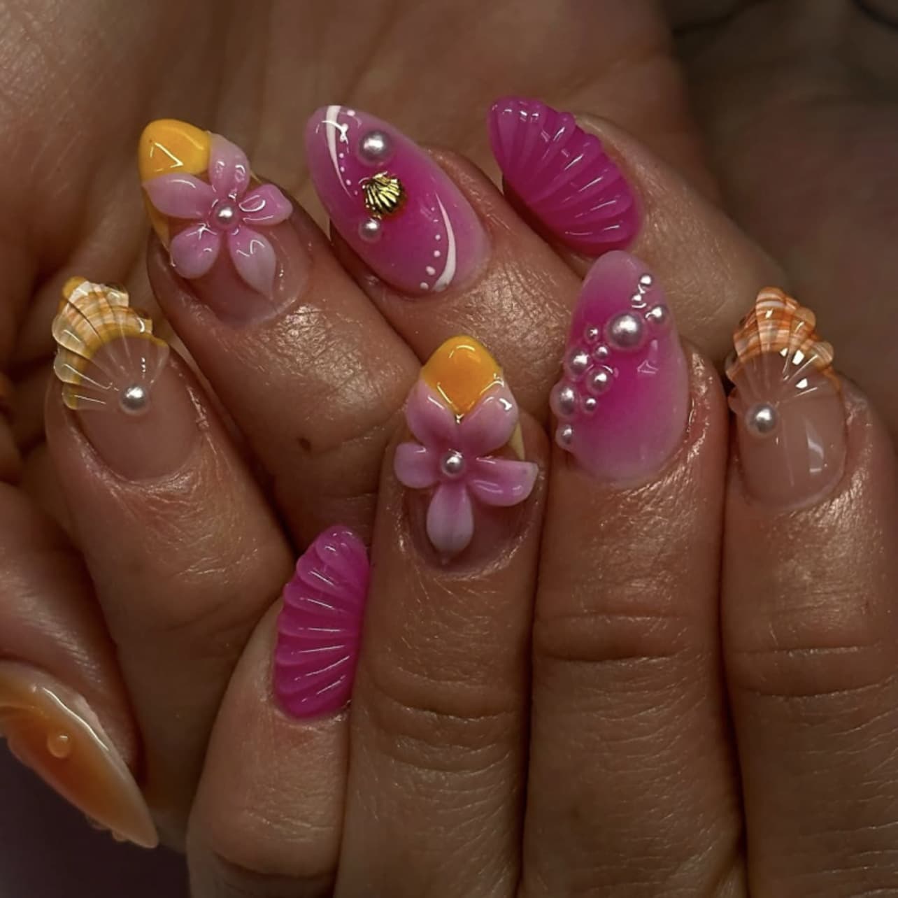 3D French Floral Design Almond Press-On Nails with Pearl Embellishments Wearable False Nails