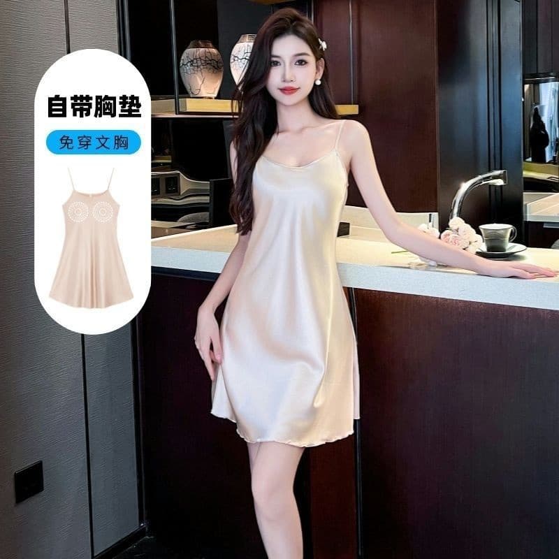 Women's Sexy and Charming Summer Ice Silk Light Luxury Simulated Silk Thin Pajamas with Padded Suspenders and Home Clothes for Women