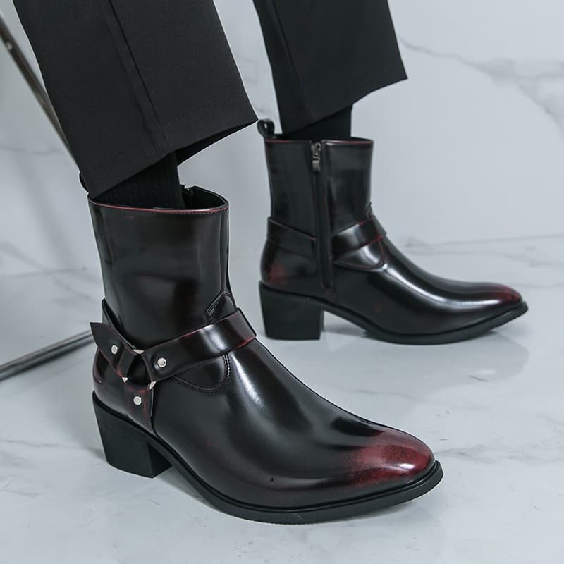 Cross-border Autumn High Heel Zip Pointed Leather Boots Elevating Formal Casual Shoes Large Size High-top Leather Boots Short Boots Men's Shoes