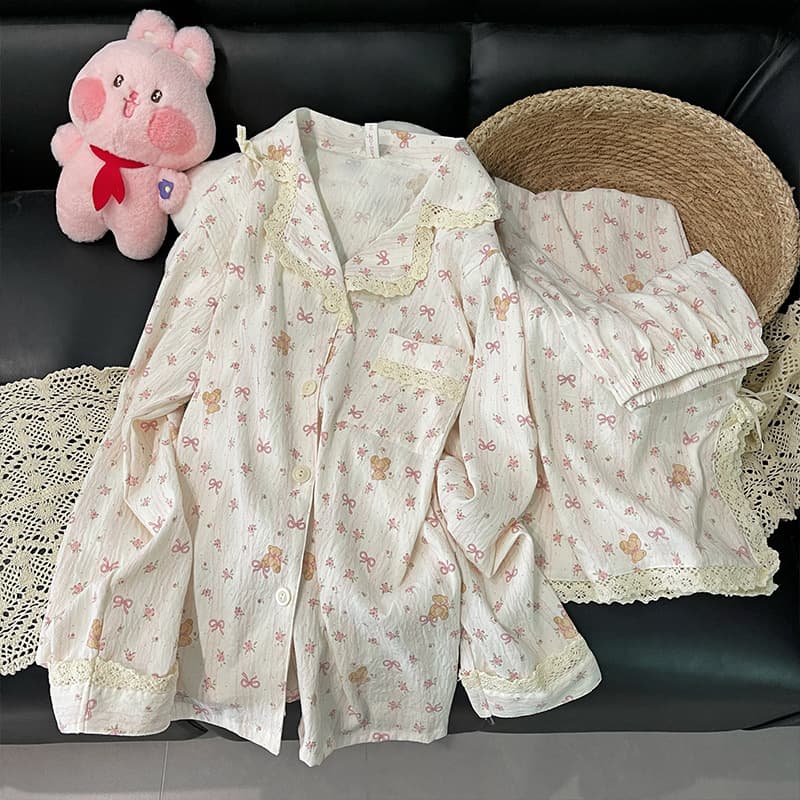 (Pants slit lace) Pajamas women's new cloud cotton long sleeve small lapel long sleeve trousers casual home wear set