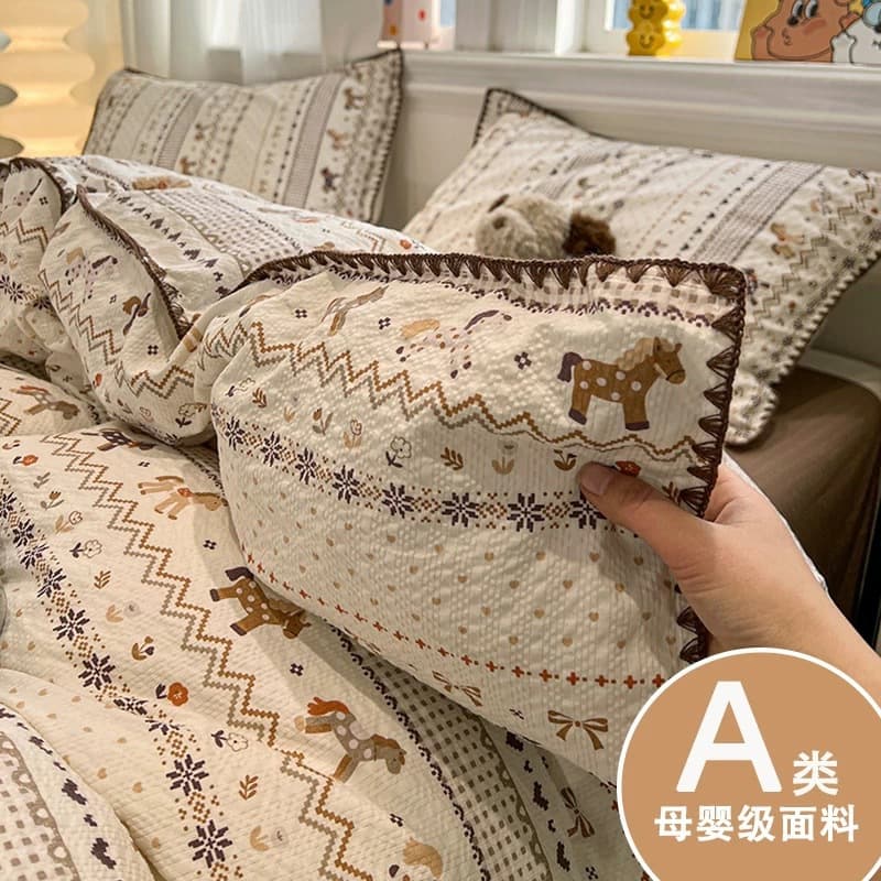 Class A Mother and Baby Bedding Four-Piece Set, Fair Isle Style Shell Edge Puff Cotton Quilt Cover, Fitted Sheet, Student Duvet Cover Three-Piece Set