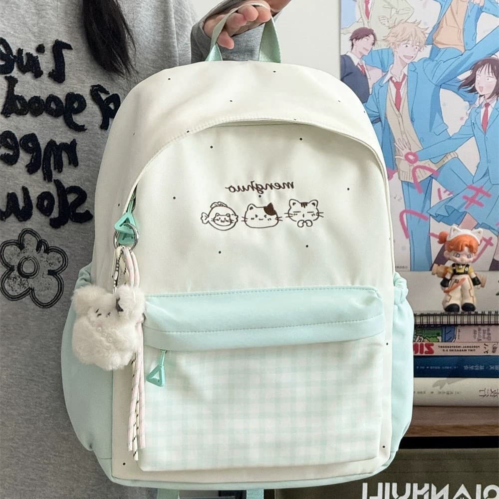 Japanese Cartoon Cat Embroidered Backpack, Multi-Color Plaid Patchwork Student School Bag with Pendant, Large Capacity Campus Backpack