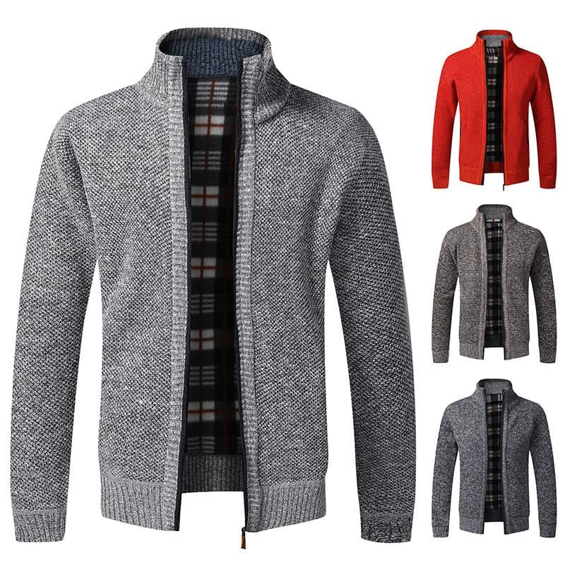 2023 Autumn/Winter New Style Fleece-Lined Thick Plus Size Men's Sweater Stand Collar Cardigan Slim Fit Coat