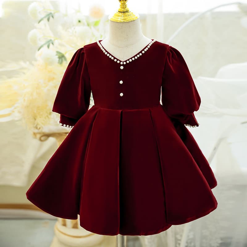 Baby's first birthday party dress, fashionable party red flower girl wedding little girl birthday princess dress girls spring