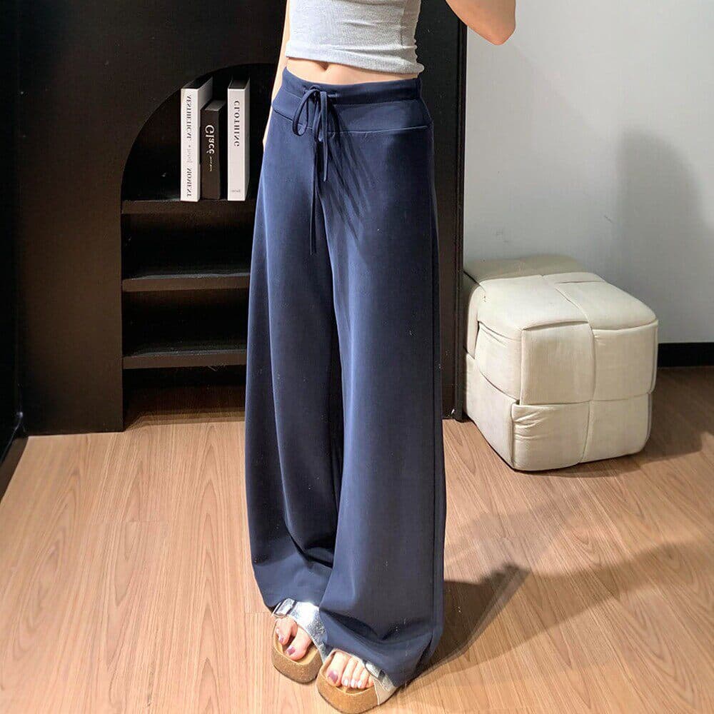 140cm-155cm navy blue retro versatile thin women's summer loose and slim wide-leg casual pants