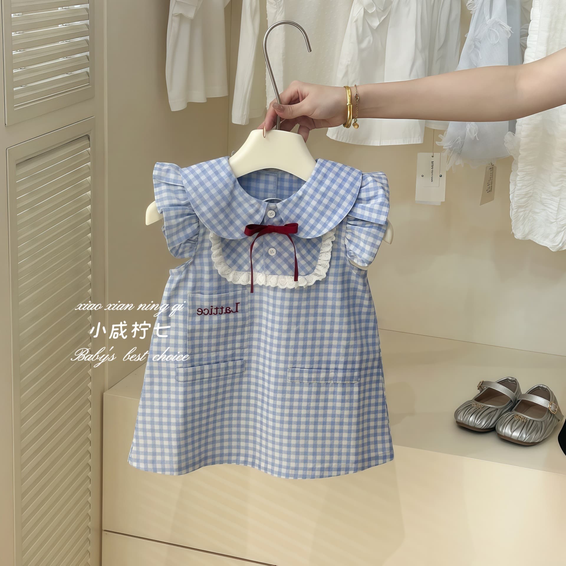 Qixiaoqi Girls College Style Blue Plaid Flying Sleeve Dress Baby Summer Lace Doll Dress Wholesale Shipping