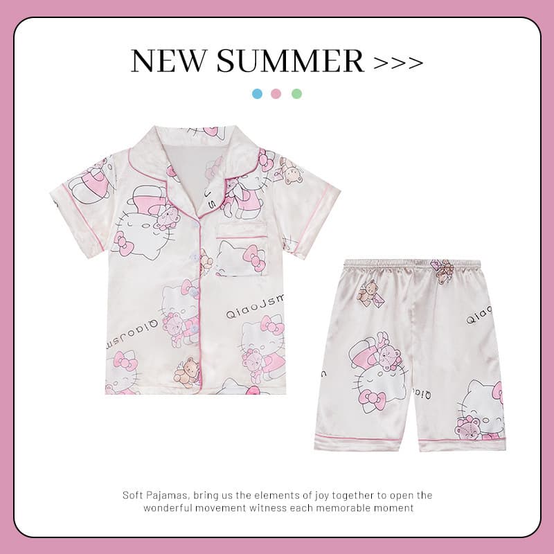 Girls' Imitation Ice Silk Pajamas Summer Short Sleeve Thin Style for Older Children Princess Kids Air Conditioning Homewear Set