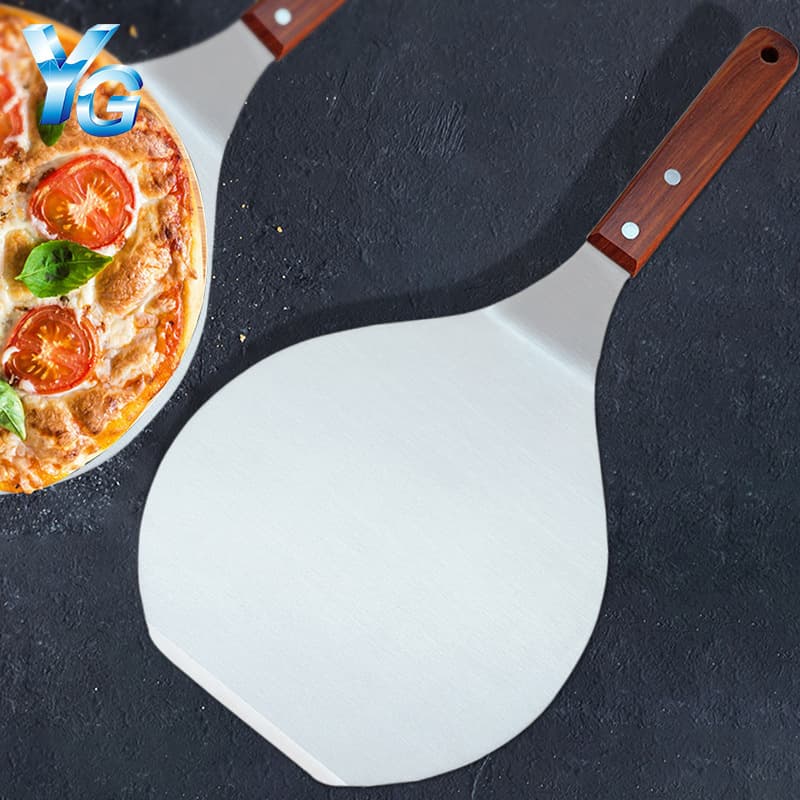 Food Transfer Spatula - Stainless Steel Round Pizza Peel with Large Wooden Handle for Safe Cake Moving