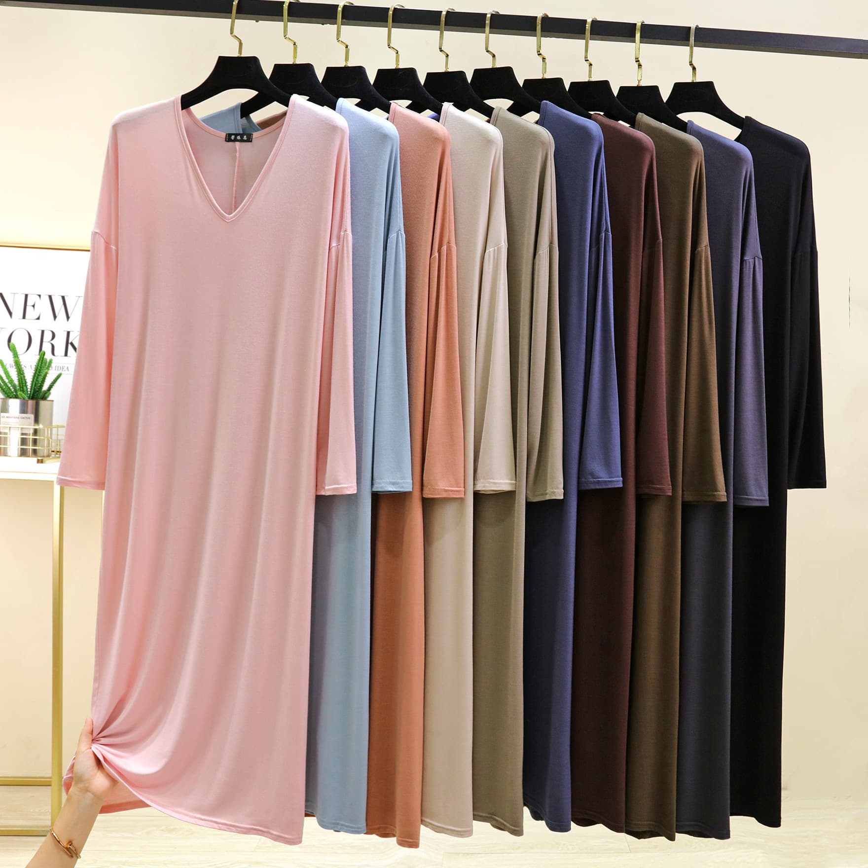 Spring/Autumn New Modal V-Neck Long Sleeve Loose Home Dress Plus Size Casual Nightgown Skin-Friendly Simple Long Dress