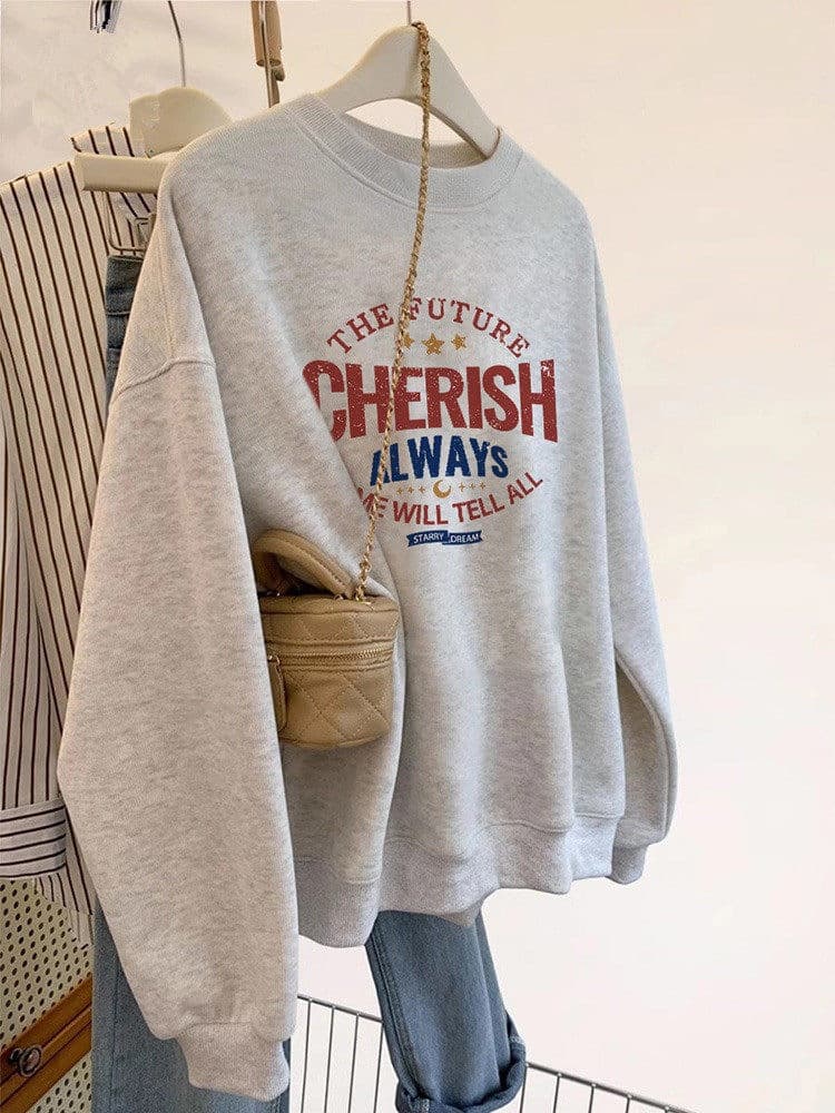 Women's Long-Sleeve Round-Neck Lightweight Sweatshirt, Light Gray, Loose Fit, Sporty, Fleece-Lined Top, Women's Spring/Autumn Thin Style
