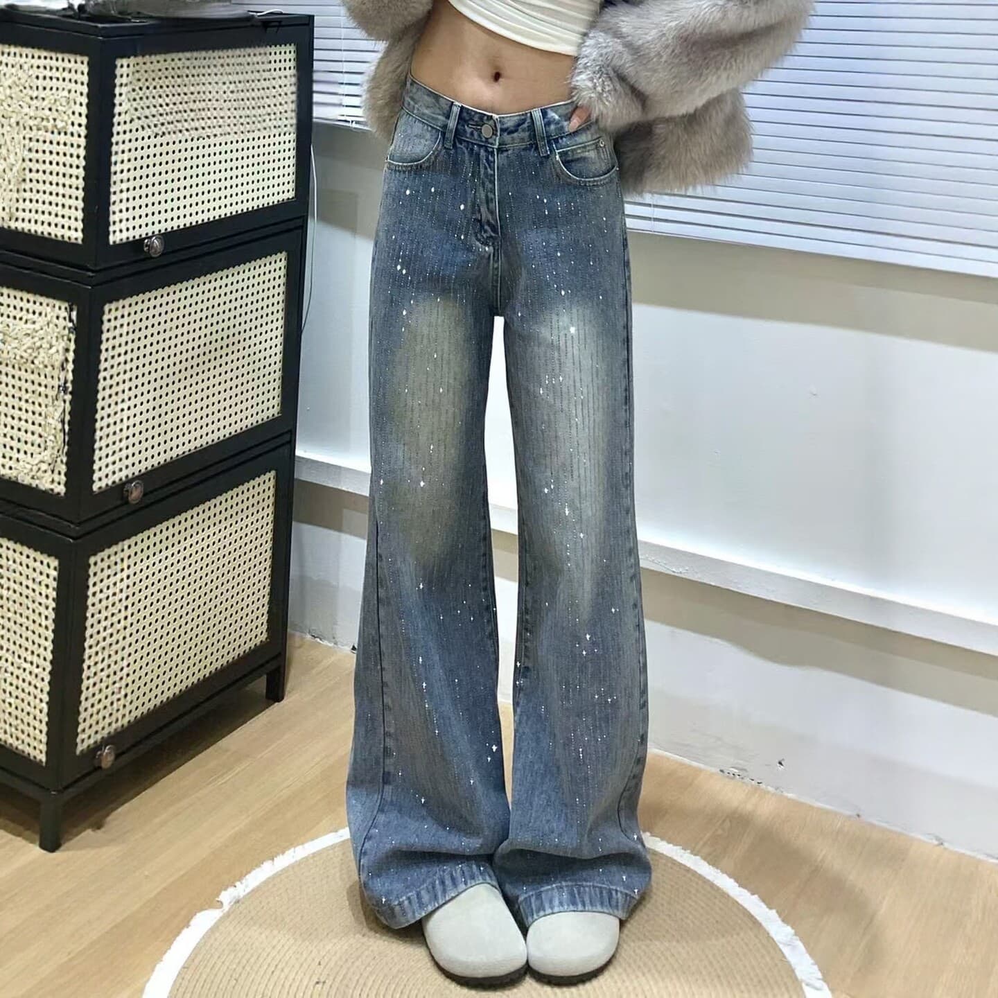 Vintage Blue Rhinestone Wide-Leg Jeans for Women 2026 Spring Plus Size High-Waist Loose Slimming Straight-Leg Floor-Length Pants