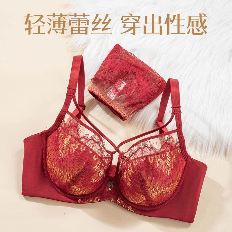 Red Lingerie Women's Zodiac Year Festive Sexy Lace Bra Set Push-Up Large Bust Minimizer Thin Bra