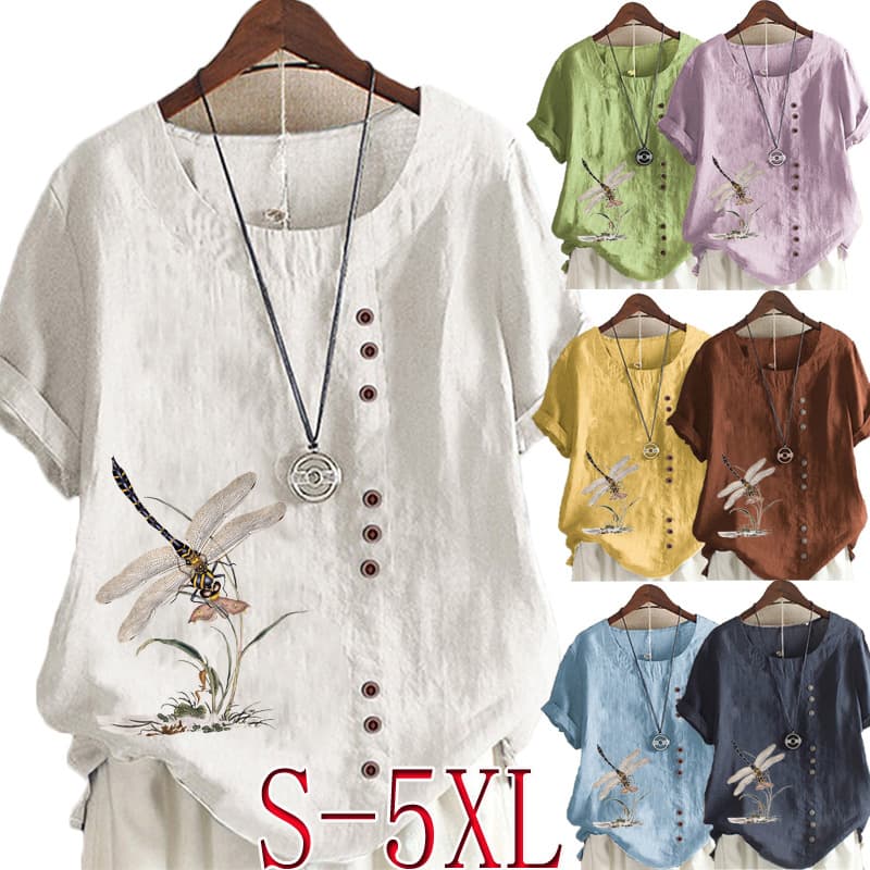 Summer European and American casual loose retro cotton and linen printed short-sleeved pullover T-shirt cotton and linen large size women's clothing