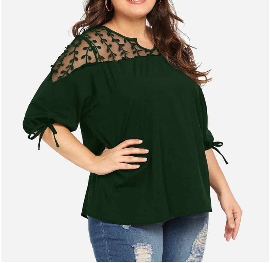 2021 Hot Selling Plus Size Women's Wear with Enlarged Lantern Sleeves, Tie-Detail Lace Transparent Patchwork Chiffon V-Neck