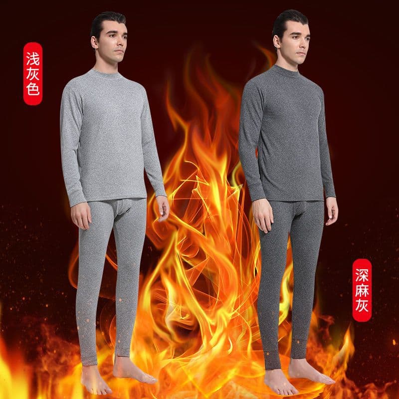 Double-Sided De Rong Thermal Underwear Set for Men, Thickened Fleece-Lined Cold-Proof Sleepwear, Autumn and Winter Thermal Top and Bottom Set, Fashionable Cold Protection