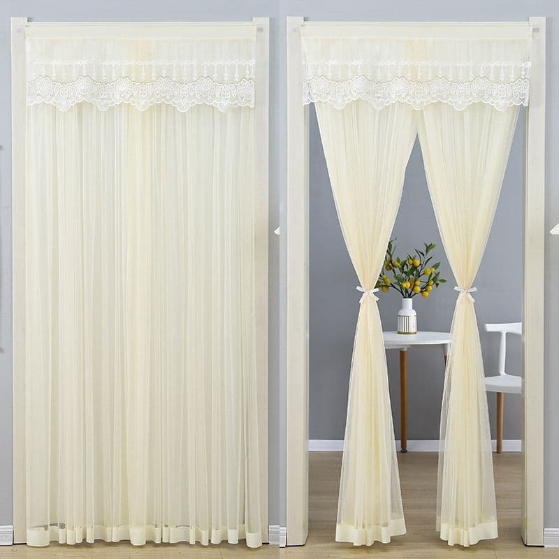 Lace Door Curtain Double Layer Non-Transparent Long Gauze Curtain for Bedroom Kitchen No-Drill Partition Curtain Summer Mosquito-Proof Door Curtain