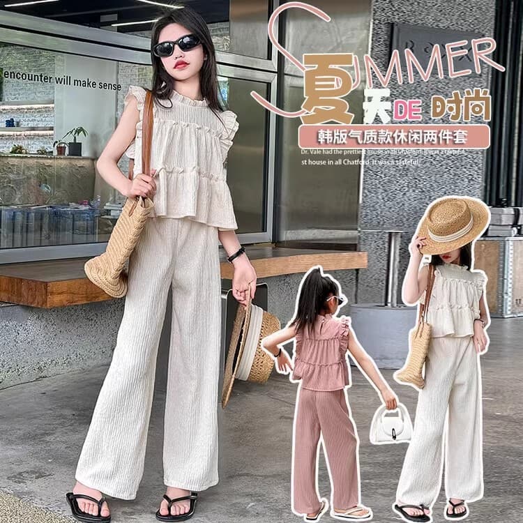 Girls' Sleeveless Wide-Leg Pants Set, New Summer Style for Middle and Older Children, Solid Color Fashion Flutter Sleeve Versatile Short Sleeve Two-Piece Set