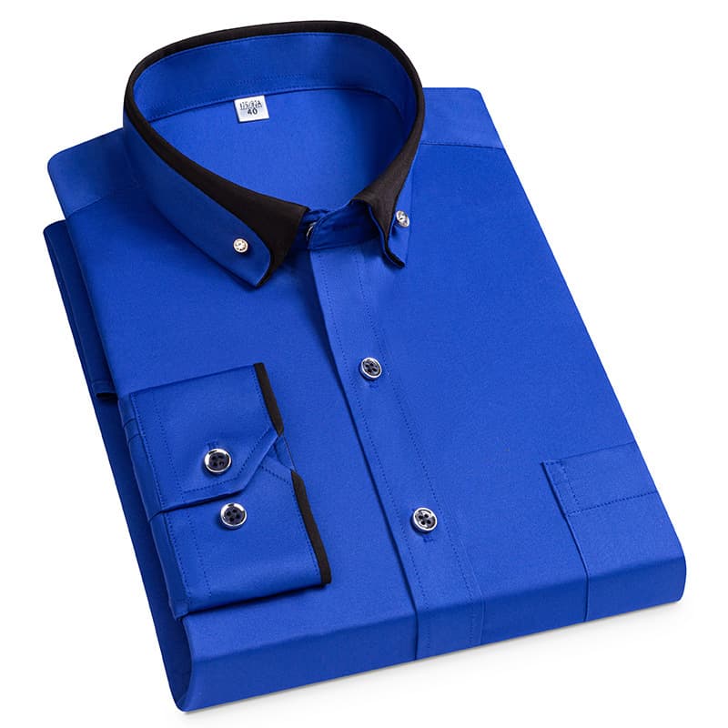 Stretch Long Sleeve Shirt Anti-Wrinkle Diamond Buckle Contrast Collar Men's Business Casual Four Seasons Men's Pocket Shirt
