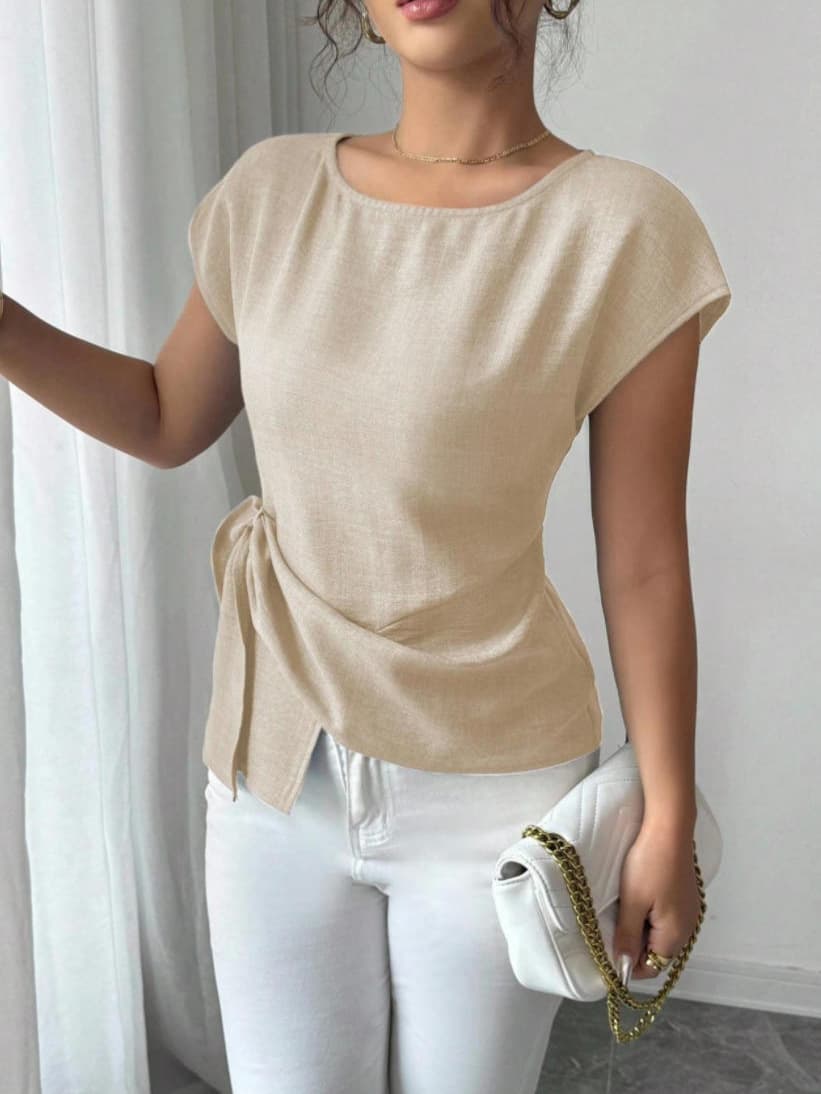 Cross-border Amazon New Fashion Casual Round Neck Solid Color Irregular Ruffle Hem Vest Short Sleeve Top