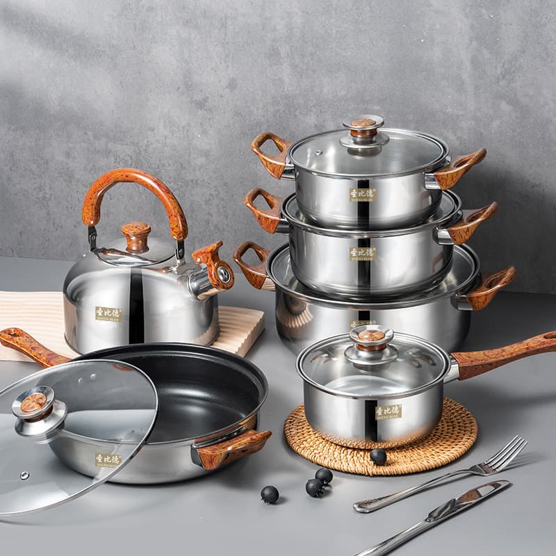 Cross-border e-commerce products stainless steel pots 12-piece set wood grain handle removable kitchen cooking pots with kettle