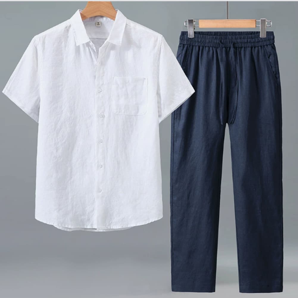 2026 Summer Linen Short Sleeve Shirt for Men Casual Cotton Linen Pocket Shirt Loose Pants Linen Suit Set