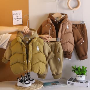 Boys' Winter Hooded Sweatshirt Set New Stylish Baby Boy Winter Outfit Fleece-Lined Thickened Vest 3-Piece Set Wholesale
