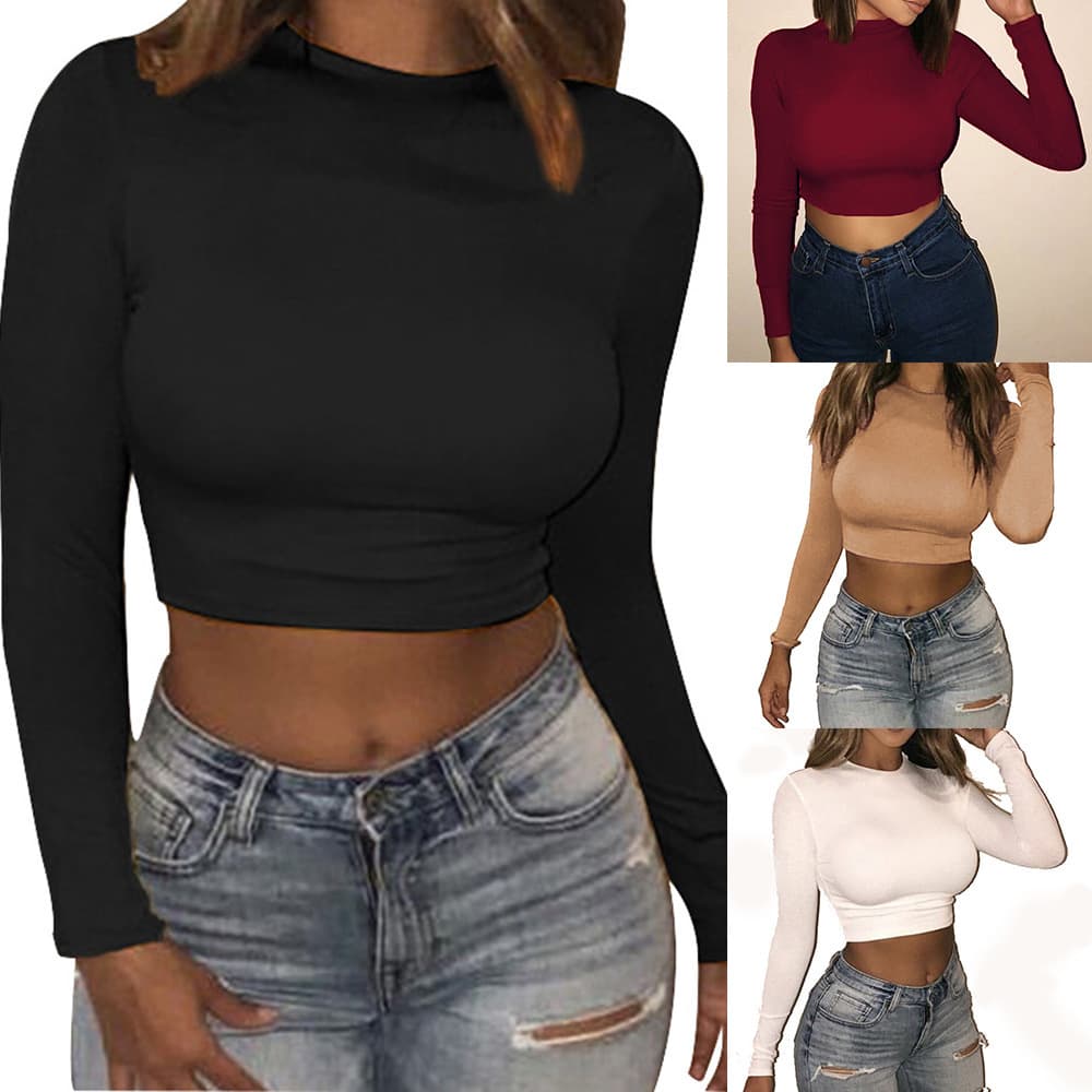 European and American Women's Fashion 2023 New Autumn Trendy Sexy Solid Color Short Fitted Crop Top Long Sleeve T-Shirt Base Layer