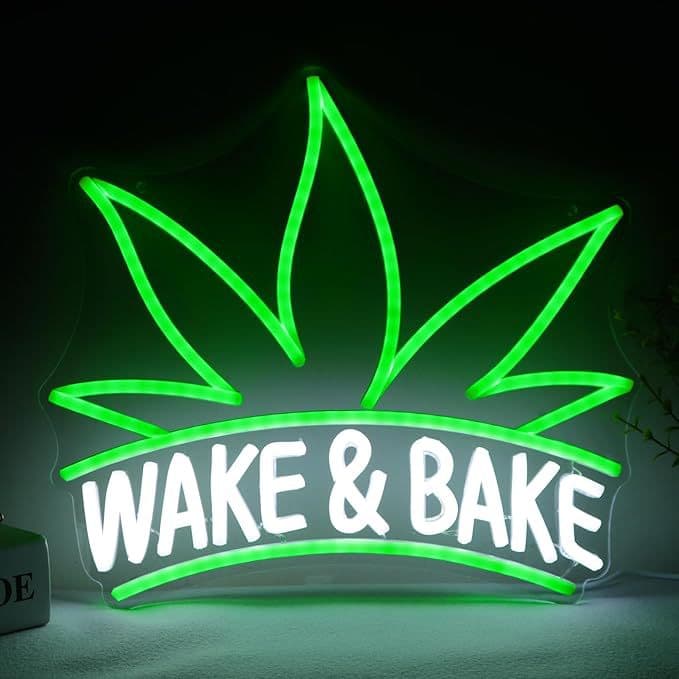 Wake & Bake Neon Sign Green Weed Leaf LED Neon Light for Bar Man Cave Decoration