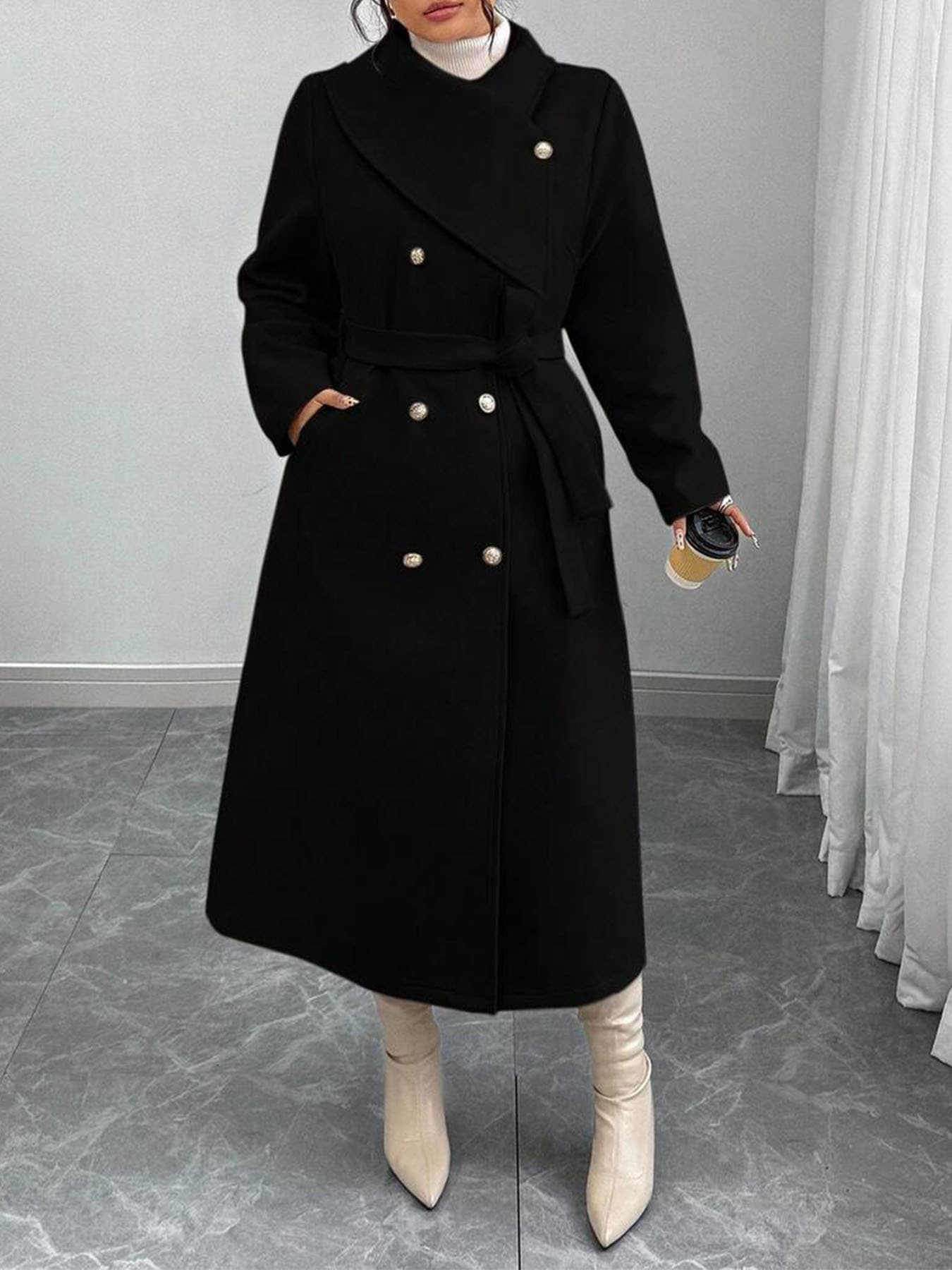European and American Women's Fashion 2025 Autumn/Winter New Double-Breasted Wool Coat with Tie Belt Long Sleeve Woolen Overcoat for Women