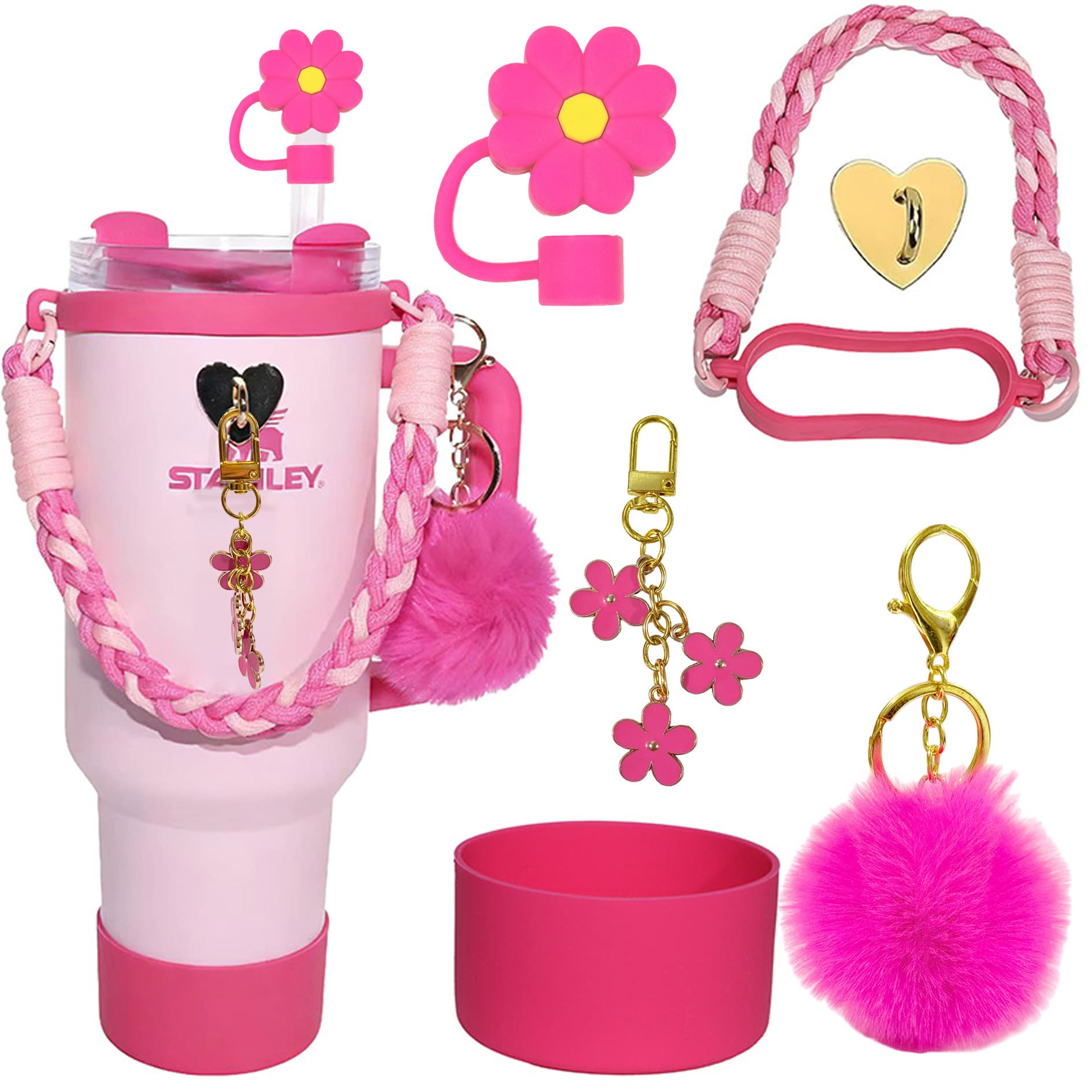 Stanley Cup Set Begonia Flower Straw Cap Water Cup Carry Rope Hand Strap Cup Cover Stanley Thermos Cup Accessories