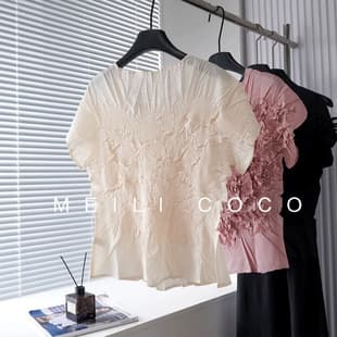 [Zhe Jia] Summer New Design Sense Miyake Three-Dimensional Floral Top Slimming Figure-Hiding Elastic Pleated Versatile Short