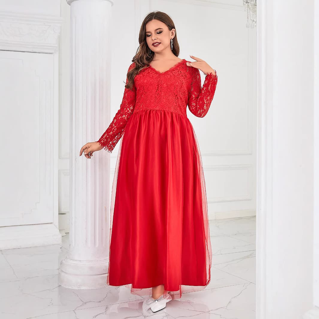 Plus Size Label Code Dress European and American New Women's Mesh Lace Long Sleeve Wedding Gown Evening Dress Long Dress