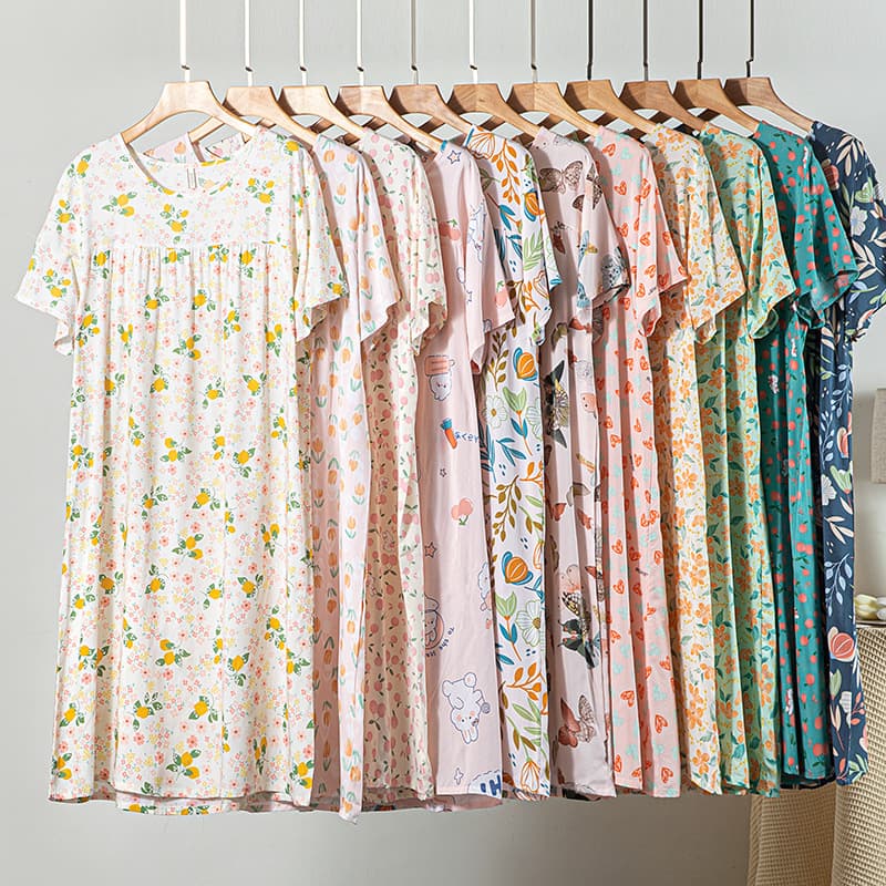 Women's Cotton Silk Sleep Dress Summer Thin Short Sleeve Pajamas Sweet Loose Rayon Plus Size Dress Spring Autumn Homewear